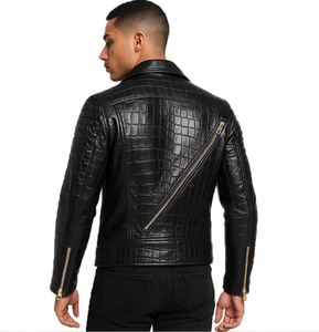 Veste moto en cuir PU noir pour homme, effet crocodile, avec fermetures éclair dorées, coupe ajustée, col rabattu, style automne - Product Image 2