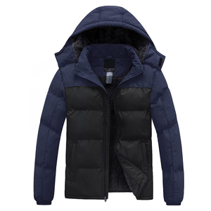 Men's Navy Blue Puffer <b>Jacket</b> Hooded Stand Collar Zipper Closure Windproof Casual Winter Wear <b>Fleece</b> <b>Lining</b> Thick Polyester - Product Image 1