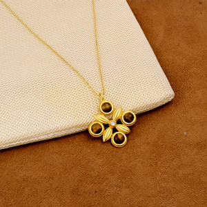Tiger Eye Round Cabochon Gemstone in 18K Gold Plated Brass Pendant <b>Necklace</b> Bohemian Style Clover Shape <b>Statement</b> Jewelry - Product Image 4