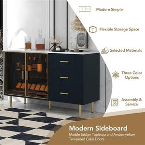 Credenza Moderna Giallo Ambra con Gambe in Metallo Dorato, Mobile Buffet in MDF, Piano in Marmo Adesivo, Ante in Vetro Temperato per Soggiorno - Product Image 5