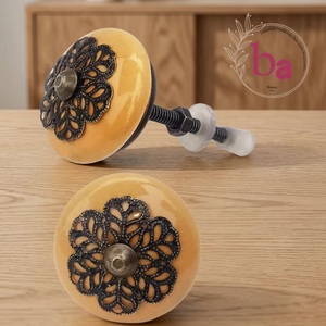 Beads Art CK 558 Industrial <b>Ceramic</b> Round <b>Knob</b> with Brass Filigree Flower Design for Drawer & Cabinet Handles - Product Image 1
