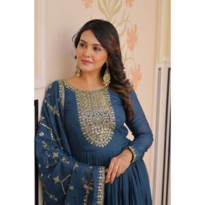 Star Georgette Zari and <b>Sequins</b> Embroidered Wedding Gown with Dupatta - Product Image 1