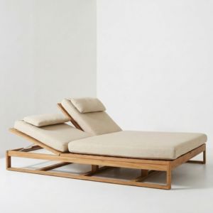 Chaise longue double d'extérieur en bois massif, style moderne et minimaliste, avec deux dossiers réglables et cadre à lattes, pour patio et jardin - Product Image 1