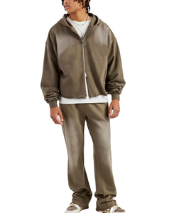 Ensemble de survêtement pour homme vert olive à capuche, sweat-shirt et pantalon en coton à fermeture éclair intégrale, coupe décontractée, couleur unie, pour l'automne - Product Image 5