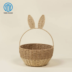 Panier en jonc de mer fait main avec oreilles de lapin, panier de rangement pour lapin, organisateur de jouets pour enfants, décoration de Pâques, vente en gros - Product Image 1
