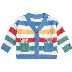 Cárdigan de punto multicolor a rayas para bebé con ribete azul, suéter de algodón suave con botones frontales para recién nacido, bebé y niño pequeño - Product Image 1