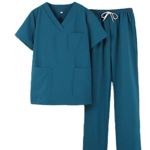 Ensemble de blouses médicales unisexe en coton et polyester tissé, uniforme d'hôpital bleu, col en V avec poches et pantalon à cordon de serrage - Product Image 2