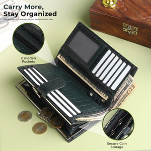 Cartera de Mano WRIZA para Mujer, de Cuero Genuino con Patrón de Cocodrilo, Protección RFID, 10 Ranuras para Tarjetas, 4 Compartimentos, Bolsillo para Monedas Abierto - Product Image 3