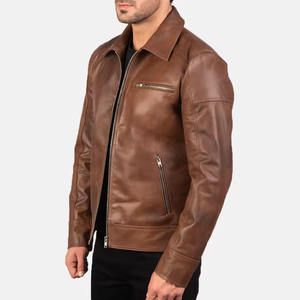 Custom Wholesale <b>Men</b> Genuine <b>Leather</b> <b>Jacket</b> Brown Slim Fit Biker Motorcycle Stand Front Waterproof Eco-Friendly Autumn Winter - Product Image 4