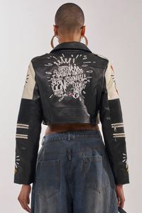 PU Leather Moto <b>Jacket</b> With Embroidery <b>Patchwork</b> Design Turn-down Collar Belt Closure Short Length Unisex Autumn Style - Product Image 3