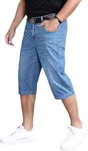 New Big Size Long Length <b>Mens</b> Streetwear Denim Shorts Breathable High Waist Loose <b>Stretch</b> Knitted Thin Summer Lightweight - Product Image 2