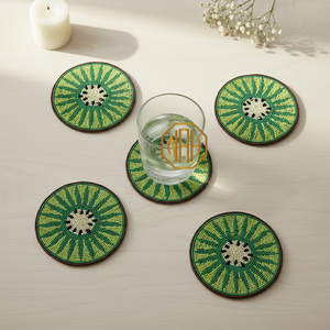 Handmade Modern Round Fabric <b>Coasters</b> Green White Mandala Design Eco-Friendly Drink Mats for <b>Table</b> Decoration - Product Image 2