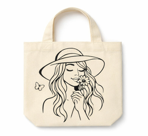Canvas Tote <b>Bag</b> With Woman In <b>Hat</b> And Flower Design Medium Size Casual Style Daily Use Hand Carry Handle - Product Image 1
