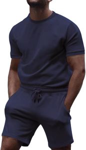 Conjunto deportivo de dos piezas para hombre, cuello redondo, manga corta, color sólido, tejido de punto, con logo personalizado impreso, informal, transpirable, para entrenamiento. - Product Image 5