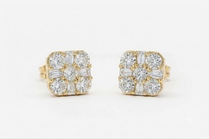 IGI Certified 14K 18K Gold Square Cluster Stud <b>Earrings</b> for Women Round & Baguette Diamond Geometric <b>Fine</b> Stud <b>Earring</b> - Product Image 3