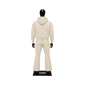 Ensemble survêtement homme beige personnalisé avec sweat à capuche zippé et pantalon de jogging évasé en molleton – Tenue décontractée streetwear et sportswear en gros - Product Image 2