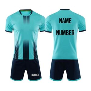 Ensemble de maillot de football pour hommes, dégradé turquoise, imprimé par sublimation, jersey tricoté à séchage rapide, short, col rond, style sportif d'été - Product Image 1