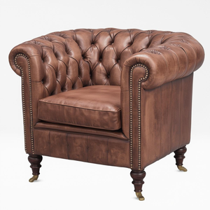 Sillón de Cuero Marrón Estilo Vintage con Brazos Enrollados, Sillón Decorativo para Sala de Estar - Product Image 2