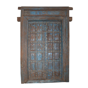Haswani Handicrafts Antique Blue Carved Wooden <b>Door</b> With Frame <b>Rustic</b> Reclaimed Wood Indian Style Home Decor Entryway - Product Image 1