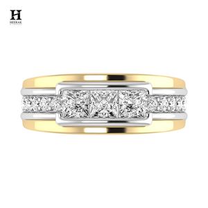 Bague de mariage pour homme en or 14 carats, bicolore, avec diamants taille princesse, trois pierres serties en canal, pour anniversaire - Product Image 1