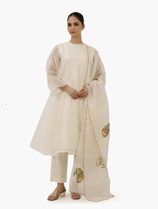 <b>Women's</b> Cream Cotton <b>Kurta</b>/Kurti Set Floral Embroidery Regular Length Regular Fit Traditional Indian Pakistani Casual Wear - Product Image 2
