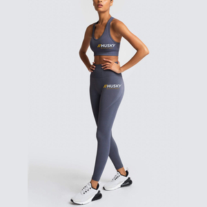 HUSKY Women's Ribbed Sports <b>Bra</b> Leggings Set <b>Blue</b> Seamless Fitness Wear Breathable Racerback Scoop Neck High Support - Product Image 2