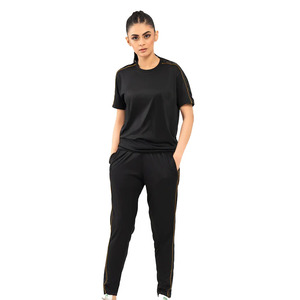 Best Quality <b>Women's</b> <b>Black</b> Sporty Tracksuit Set Crew Neck Short Sleeve Breathable Lightweight Full Length <b>Pants</b> With Side Pocket - Product Image 1