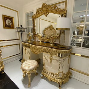 Luxury French Style Mahogany <b>Dressing</b> Table 4-Drawer with Mirror Gold Carved Classic Vanity Table for Hotel Villa Bedroom - Product Image 4