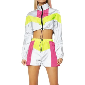 Ensemble de shorts sportifs blancs pour femmes, 2 pièces, jaune fluo, rose, haut à manches longues, en spandex/coton, hiver - Product Image 5