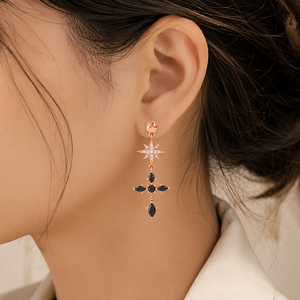 Pendientes Colgantes de Plata de Ley 925 con Cruz de Estrella y Gema Negra Marquise, Joyería para Mujer para Bodas y Fiestas - Product Image 5