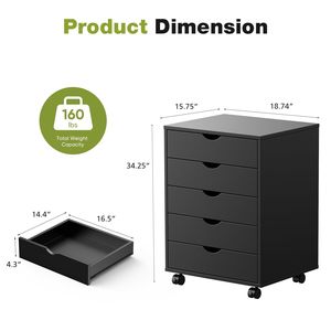 Armoire de rangement à 5 tiroirs sur roulettes pour l'organisation de la chambre, de la maison ou du bureau - Noir - Product Image 2