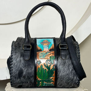 Wholesale Custom Hand Tooled Cowhide Leather Medium Speedy Duffel Bags Cactus Desert Pattern Unisex Weekender Travel Handbags - Product Image 4