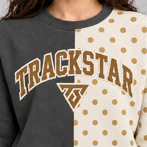 Women's Charcoal and Ivory Split Color Polka Dot Varsity <b>Crewneck</b> Sweatshirt Long Sleeve Ribbed Cuffs Pullover Wholesale - Product Image 5