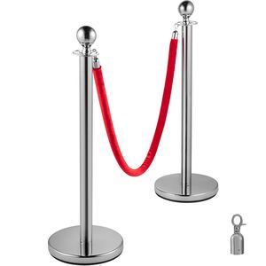 Juego de 4 postes plateados para control de multitudes con cuerda de terciopelo rojo de 1.5 m (5 pies) – Productos para control de acceso - Product Image 1