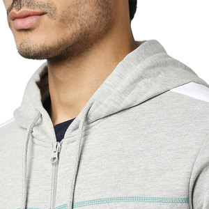 Men's Gray <b>Hooded</b> <b>Zip</b>-Up Sweatshirt With White Stripes And Pockets Casual Fit - Product Image 6