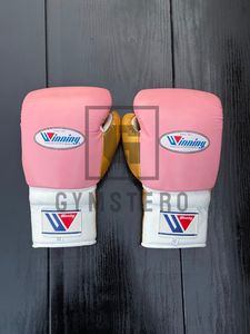 Winning Boxing Gloves <b>Pink</b> Golden Leather Set High Quality Lace-Up Closure Adjustable Wrist - Product Image 3