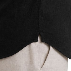 Camisa Henley de Lino Mezclado con Cuello Mandarín para Hombre, Negra, Manga Corta, Casual, Verano, Transpirable, con Botones, Personalizable OEM - Product Image 3