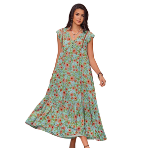 Vestido Maxi Floral con Corte en A para Mujer, Vestido de Manga Corta con Lazo Delantero - Product Image 5