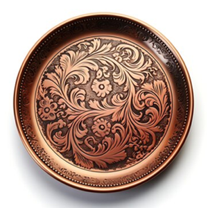 Exquisite floral embossed antique copper charger plate with a <b>brushed</b> finish and ornate rim. Available at wholesale price now. - Product Image 2