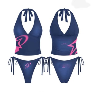 Women bathing suit 220GSM nylon spandex stretch fabric navy blue pink graphic print halter tie <b>bikini</b> <b>set</b> women for Bathing Suit - Product Image 1
