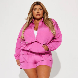 Conjunto Deportivo de 2 Piezas para Mujer, Color Rosa, Corte Holgado, Chaqueta Deportiva Transpirable de Manga Larga y Pantalones Cortos de Color Sólido para Primavera - Product Image 5