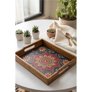 Handmade Mango Wood Serving Tray Set 3 Pcs Floral Print Decorative Wooden Nesting Trays with Handles for Coffee <b>Table</b> Decor - Product Image 6