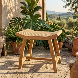 Modern Portable Eco-Friendly Spa <b>Stool</b> Solid Teak Wood Frame Handcrafted Rattan Weaving Curved <b>Seat</b> Well Sanded Bedroom Hotel - Product Image 5