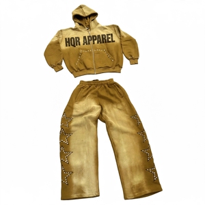 Conjunto Deportivo HQR Unisex con Capucha, Estampado y Transpirable, con Estrellas de Diamantes de Imitación Dorados, Sudadera y Pantalones Largos Casuales de Corte Holgado - Product Image 1
