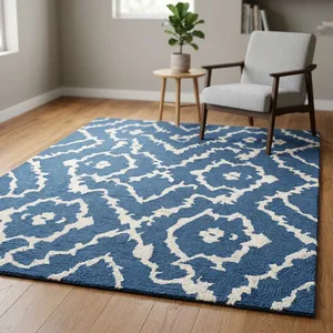 Tapis moderne en jute Ikat écologique, épais et rembourré, rectangulaire, bleu beige, tufté à la main, à poils ras, avec envers antidérapant en latex, pour la maison - Product Image 1