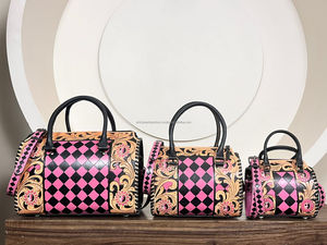 High Quality Luxury Fashion Hand Tooled Leather <b>Small</b> Speedy <b>Bag</b> Lightweight Pink & <b>Black</b> Checkered Travel Duffle <b>Bag</b> for Unisex - Product Image 4