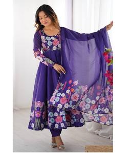 Último Modelo de Anarkali de Organza de Seda Suave con Patrón Kali, con Dupatta de Lona y Pantalón, Listo para Usar, Ropa Étnica para Mujer - Product Image 1