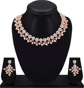 Luxury <b>Rose</b> Gold Plated Alloy <b>Black</b> Zircon XOXO Flower Choker Necklace Earrings Set Ethnic Engagement Wedding Gift Party - Product Image 2