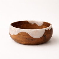 Bol à salade rond artisanal en bois d'acacia avec résine époxy beige-blanc, marron naturel, pour service, fête et décoration intérieure