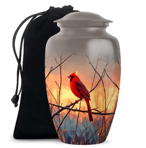 Urna Funeraria de Metal con Diseño de Casa de Pájaros del Bosque Encantado, con Pájaro Rojo y Flores Rojas - Recipiente Conmemorativo para Cenizas Humanas de Adultos - Product Image 3